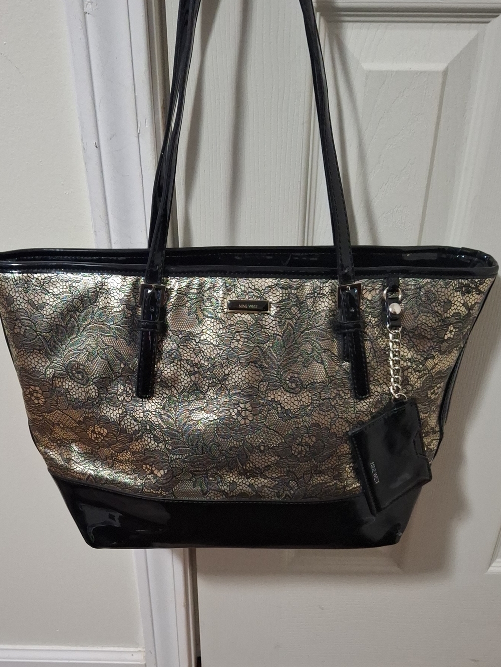 Nine West Gold Lace-Pattern Tote with Black Patent Trim and Card Case
